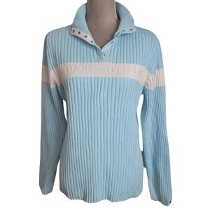 VTG Y2K Preppy Tommy Hilfiger Women's Light Blue Ribbed Henley Sweater Size 2X